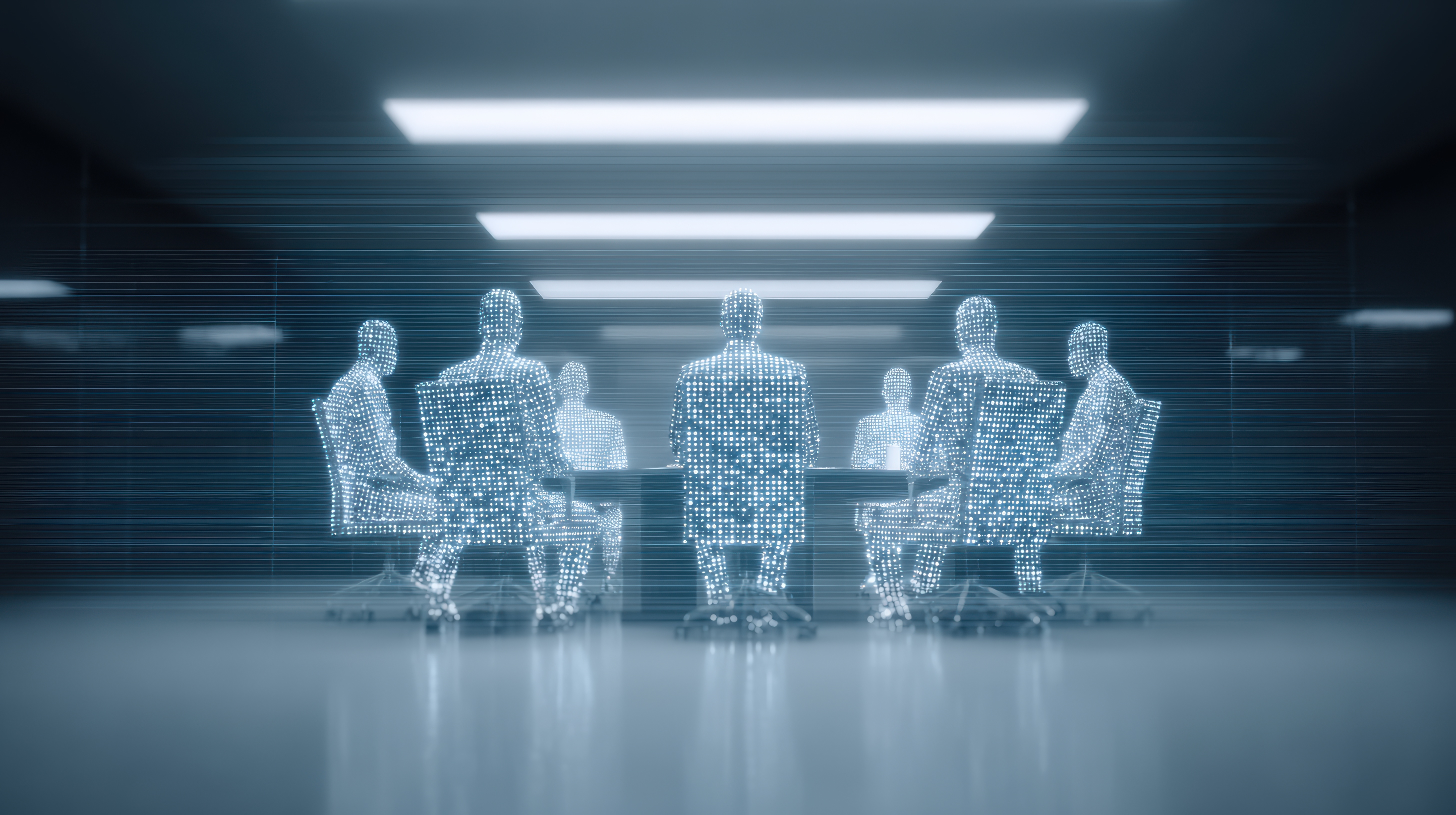 Futuristic digital illustration showing virtual avatars of a business team in a modern conference room. Perfect for illustrating AI, future of work, metaverse meetings, and digital transformation.
